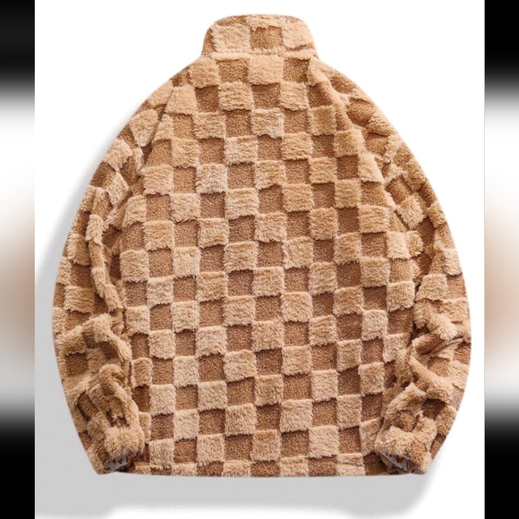 New! Checkered sherpa Jacket tan brown size medium - Picture 2 of 6